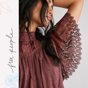 Free People Mauve Lace-Trim Flutter Sleeve Blouse